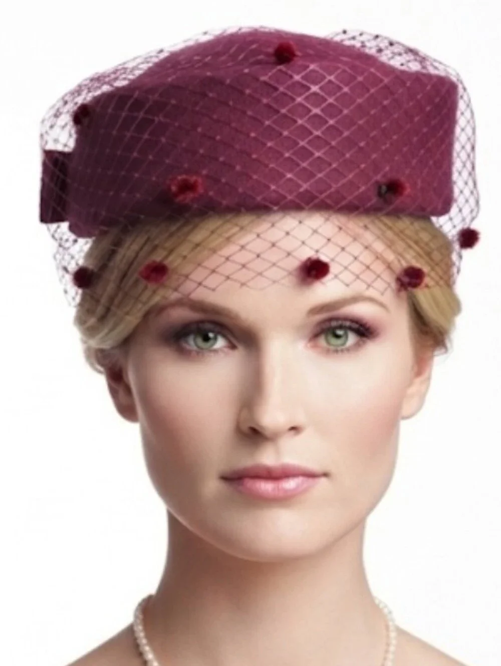 Beloved Millinery Beautiful Burgundy Dotted Veil British Style Pillbox Hat w/Bow